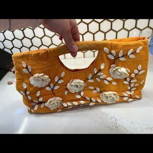 Gorgeous Vintage Moyna Floral Embelished Handbag with Shells Evening Bag Orange